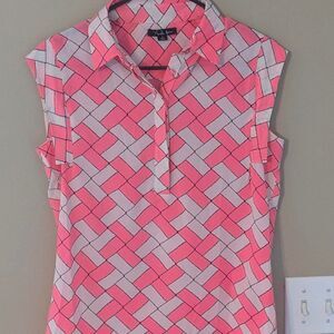 Antilia Femme Neon Coral Pink & White Geometric Pattern sleeveless blouse, Small